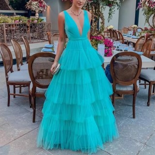 plunging v neckline tiered tulle blue evening dress