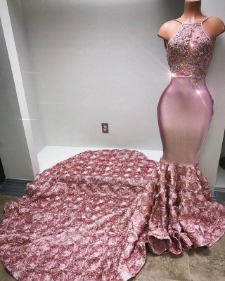 rose pink 3d rosettes beaded lace unique prom dress