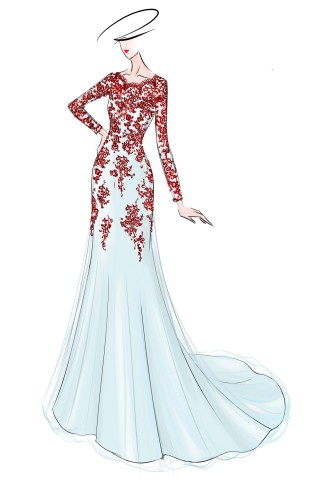 ruby lace long sleeve ice blue evening dress sketch