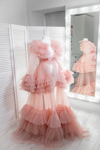 ruffled blush pink tulle robe dress with long sleeves