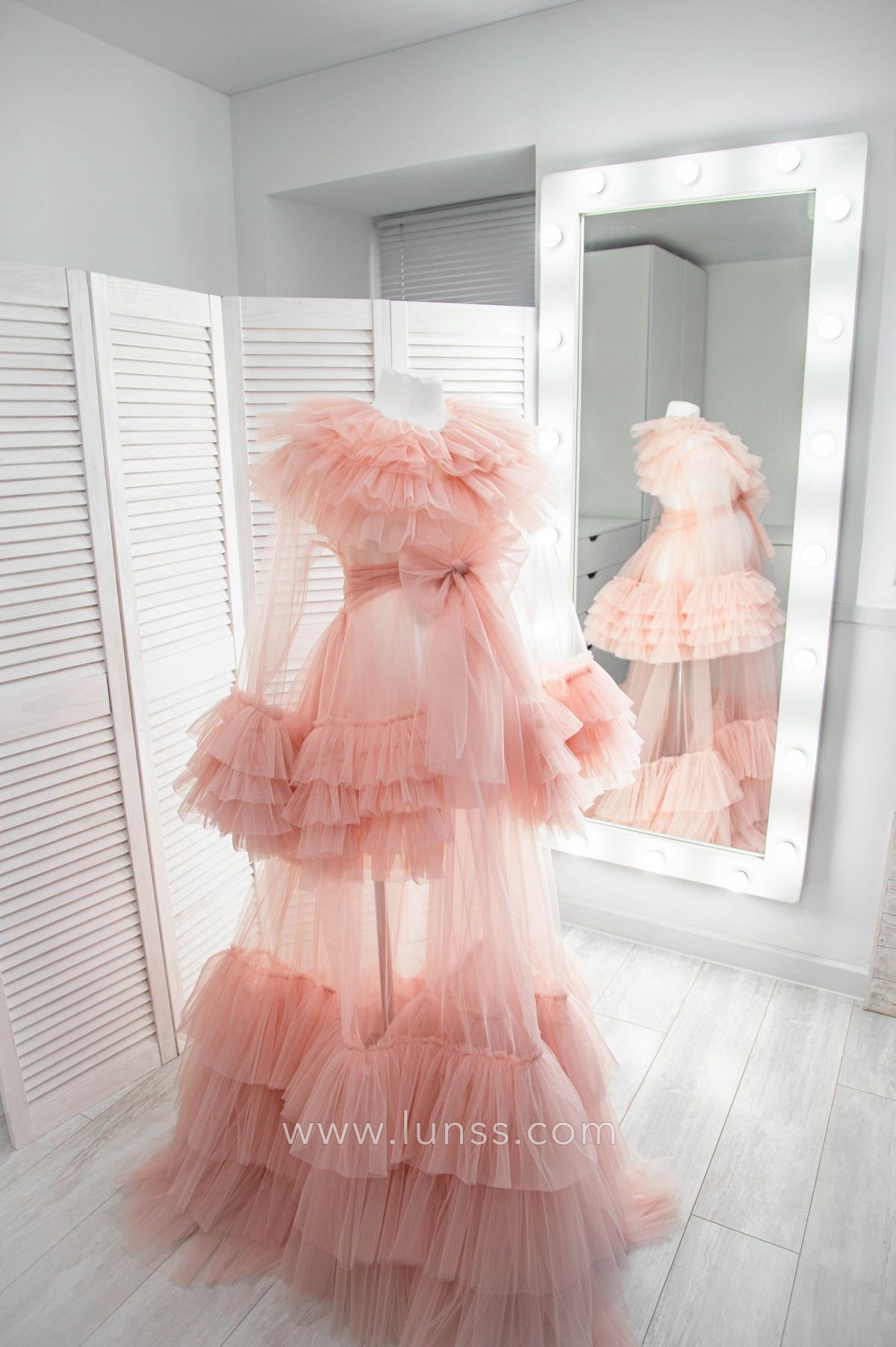 ruffled blush pink tulle robe dress