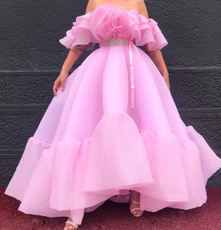 ruffled off the shoulder pink organza cute prom dress