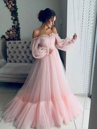 ruffled off the shoulder pink tulle sleeve party dress