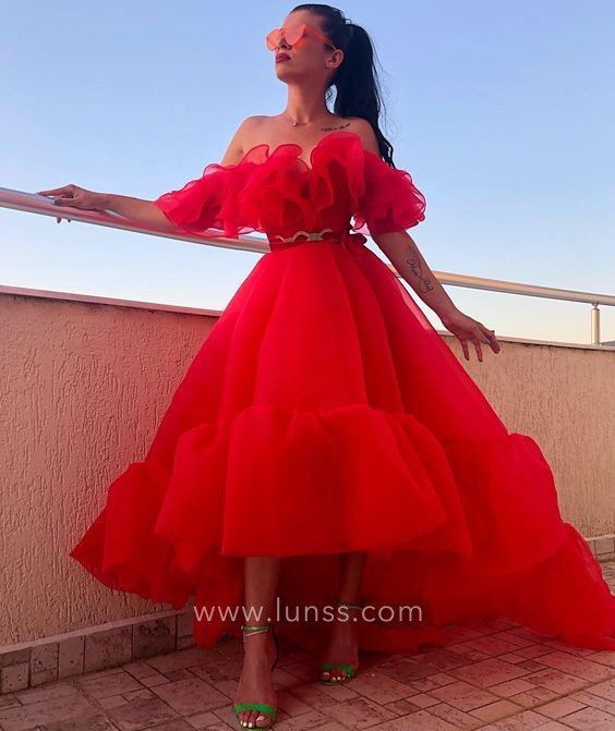 ruffled off the shoulder red organza cute dress