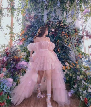 ruffled tiered pink tulle short puff sleeve high low gown