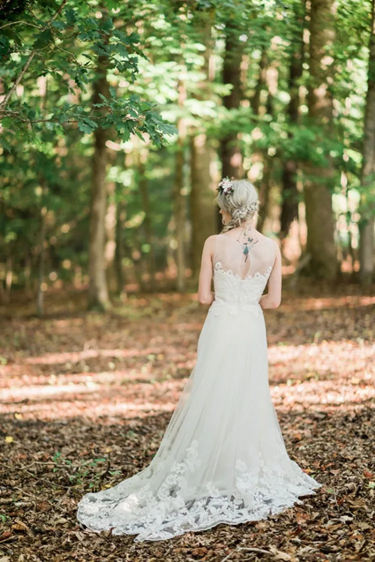 rustic illusion lace bridal dress with court train