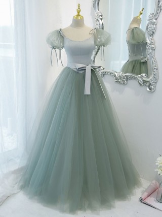 sage green puff short sleeve tulle princess prom dress