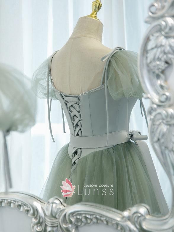 sage satin and tulle prom dress with short puff sleeves