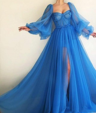 sheer blue tulle fairytale puff sleeve corset long dress