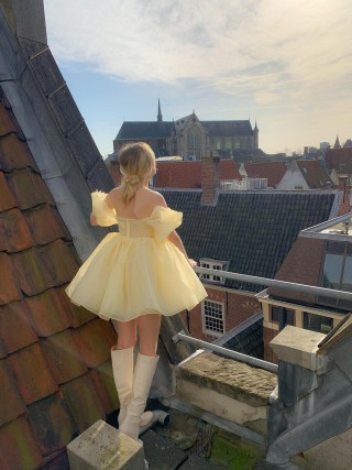 short puff sleeve banana yellow organza short party dress