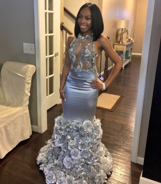 silver beading 3d rosettes african american prom dress