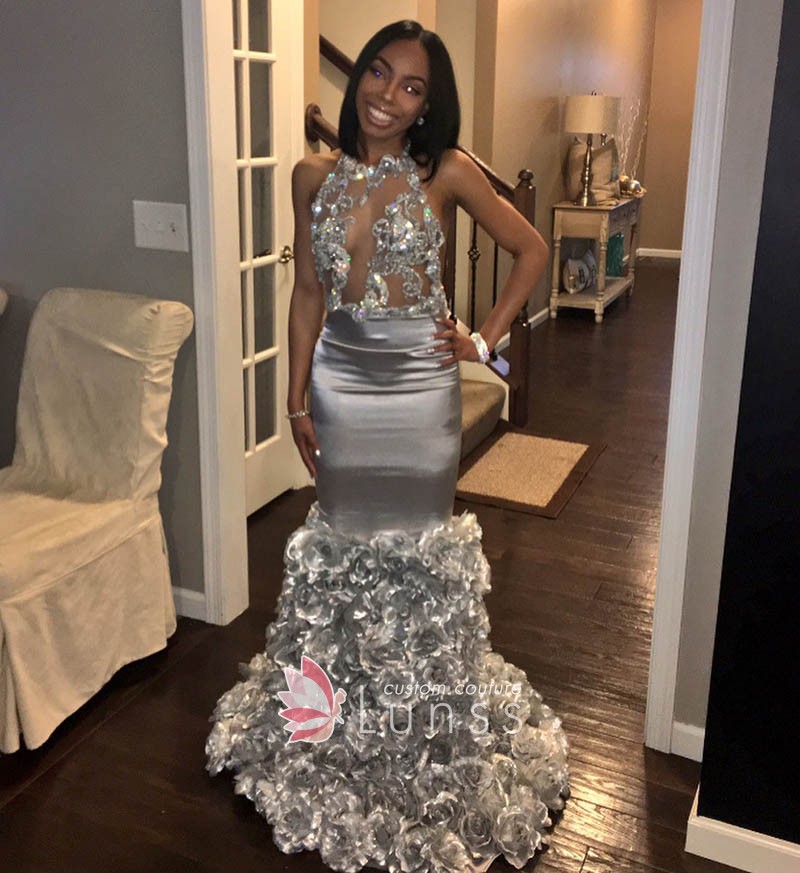 silver beading 3d rosettes prom dress