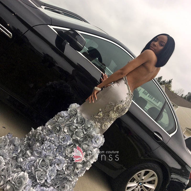 silver trumpet African American prom dress