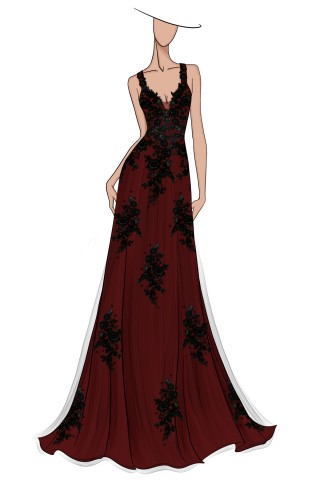 sketch of burgundy dress with black lace appliques