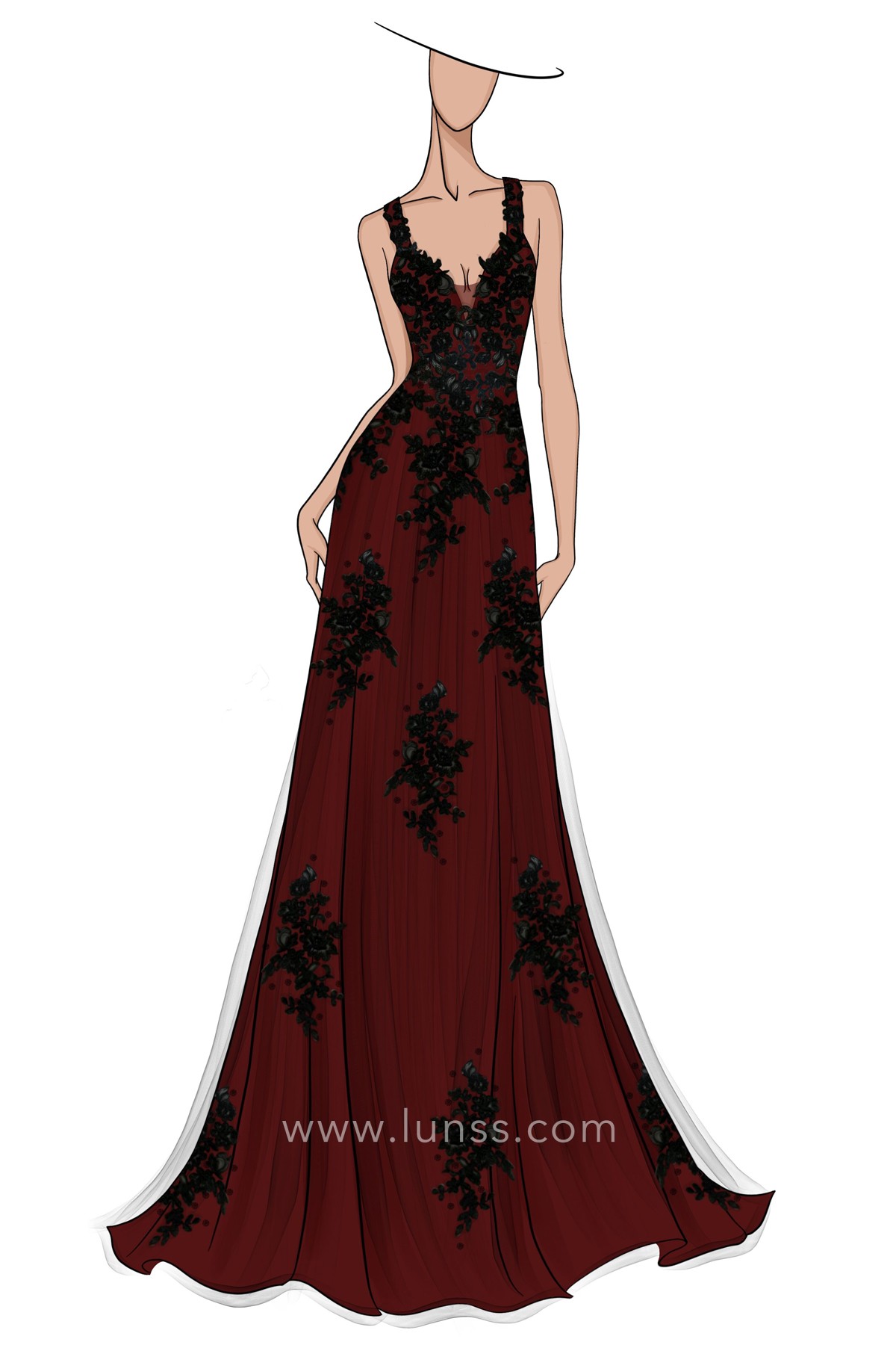 Sketch of Burgundy Dress with Black Lace Appliques Lunss