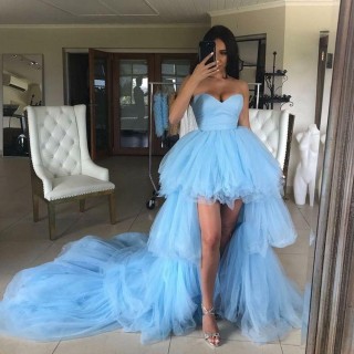 sky blue tulle tiered high low cute prom dress long train