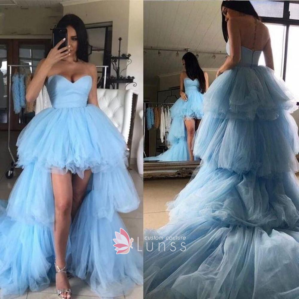 sky blue tulle tiered high low prom gown