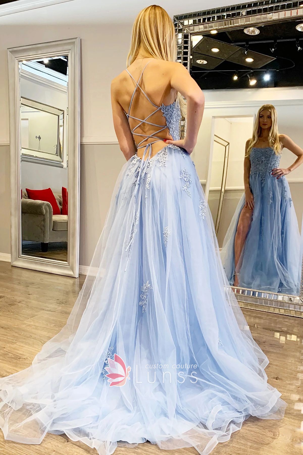 spaghetti straps back ice blue A line dress