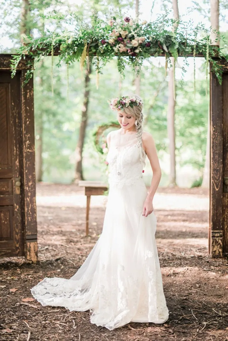 spring wedding with sleeveless illusion lace bridal dress