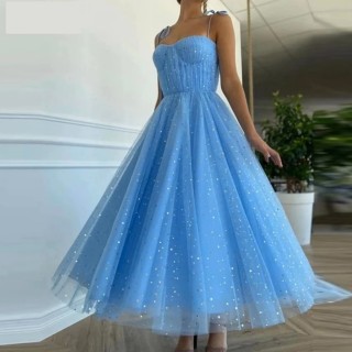 star moon glitter blue tulle ankle length prom dress