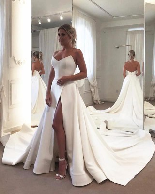 strapless v neck ivory satin high slit bridal gown