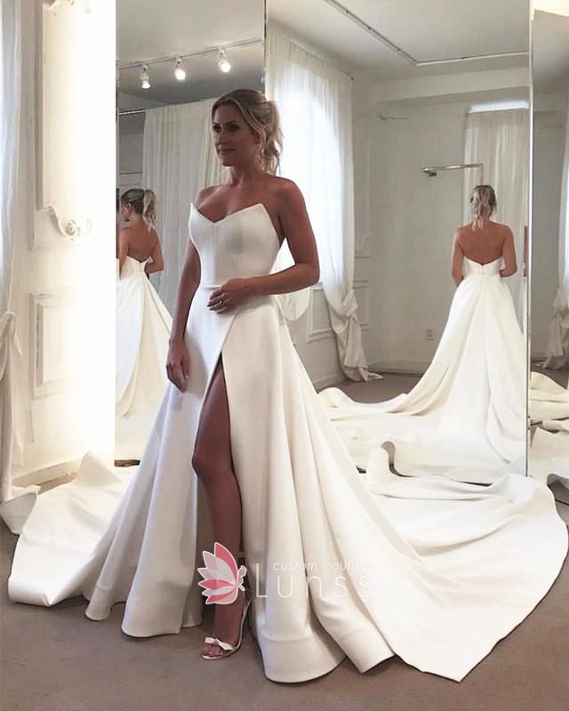 strapless v neck ivory satin high slit bridal gown strapless v neck ivory satin high slit bridal gown