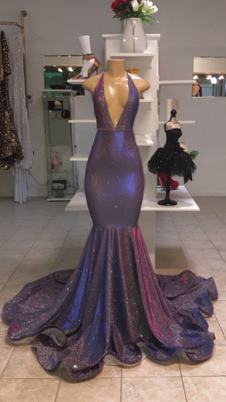 stretch shimmering spandex mermaid halter long prom dress
