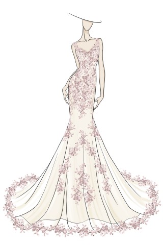 vintage mauve floral lace evening dress sketch