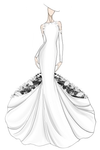 white mermaid wedding dress sketch with black train