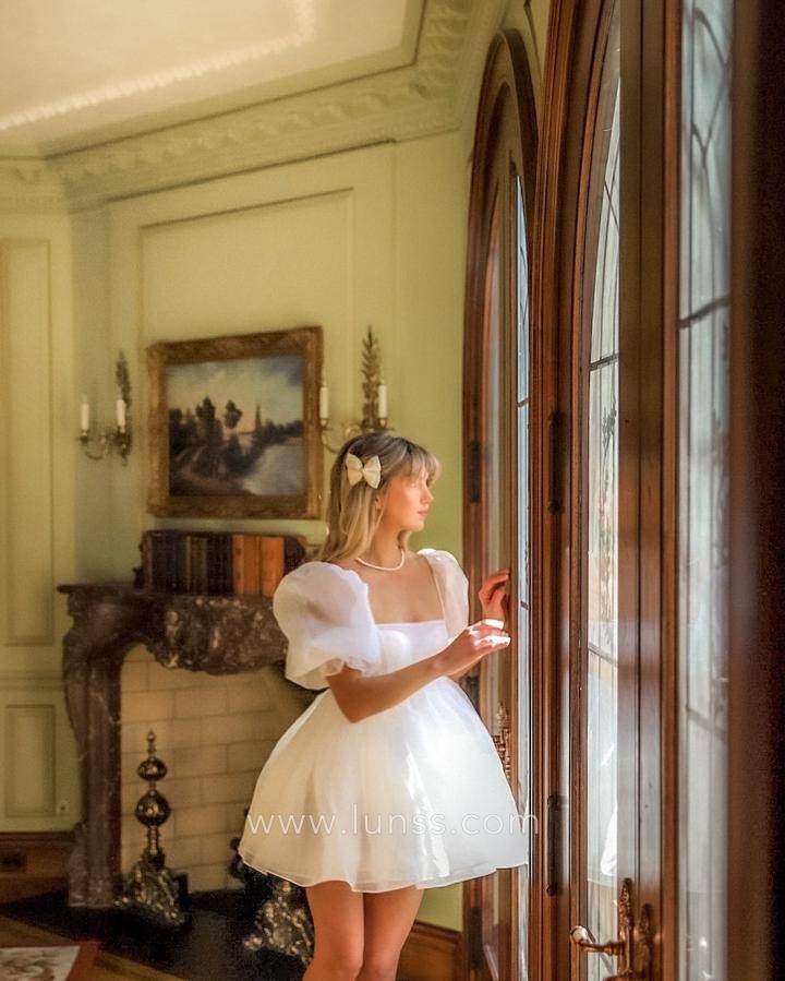 white organza short puff sleeve dress