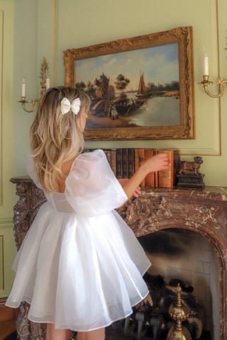 white organza short puff sleeve short cute party dress