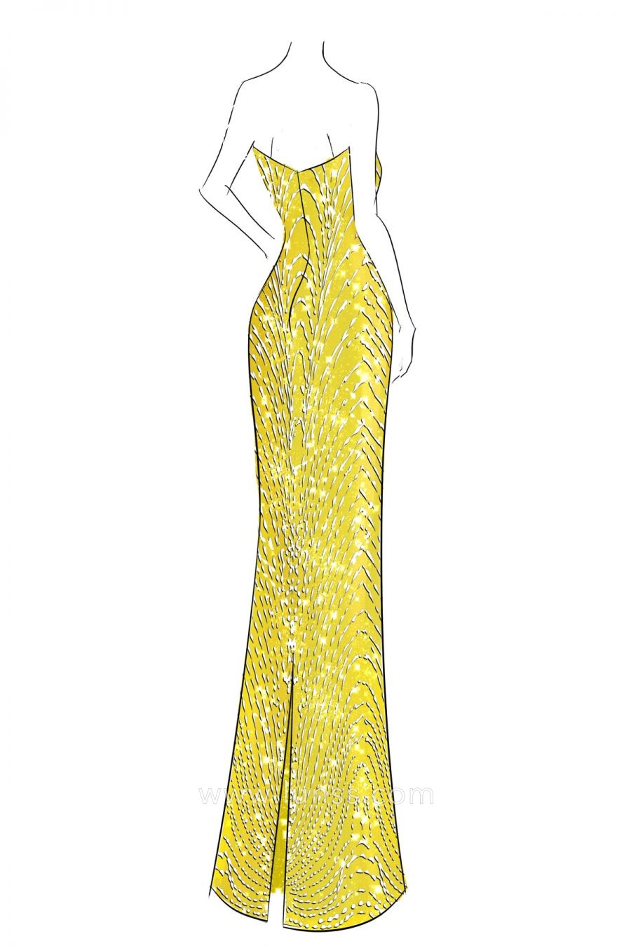 yellow glitter slim mermaid prom dress sketch