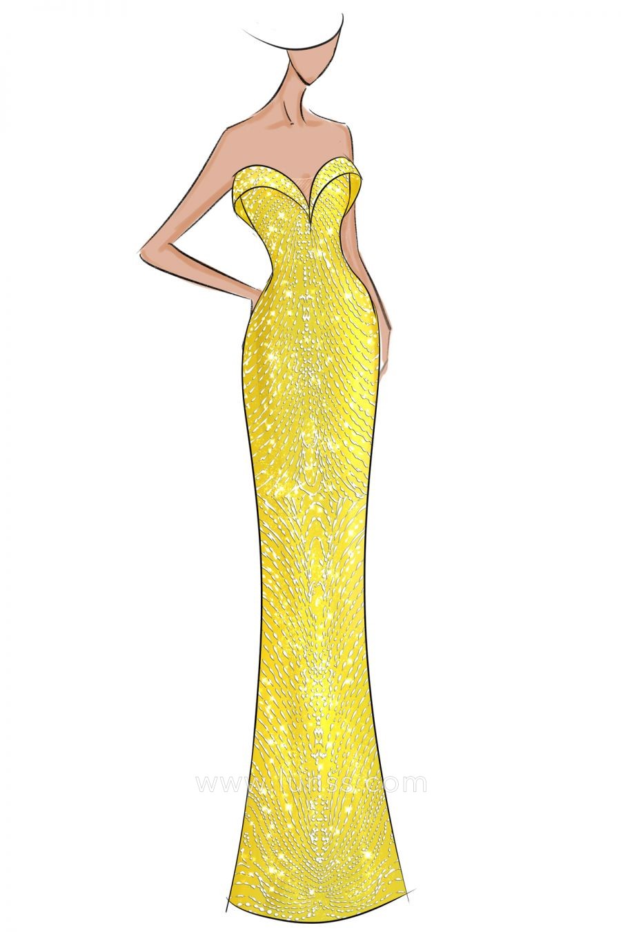 yellow glitter strapless sweetheart prom dress sketch