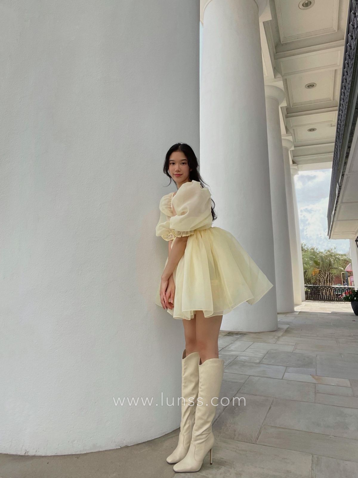 yellow short puff sleeve short cute party dress