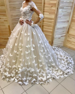 3d butterflies ivory white ball gown wedding dress
