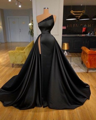 asymmetrical beaded neckline black satin split prom dress