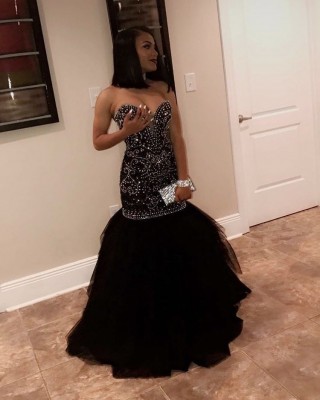 beaded black tulle dropped waist trumpet prom dress