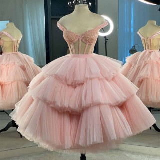 beaded corset bodice pink tulle tiered short ball gown