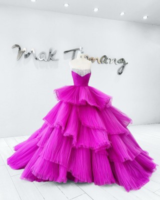 beaded pleated tiered fuchsia tulle ball gown