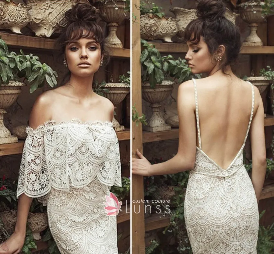 beaded straps low back ivory lace bridal dress