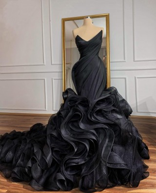 black cascading ruffled organza long train prom dress