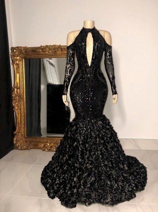 black geometric sequin 3d rosette trumpet prom dress