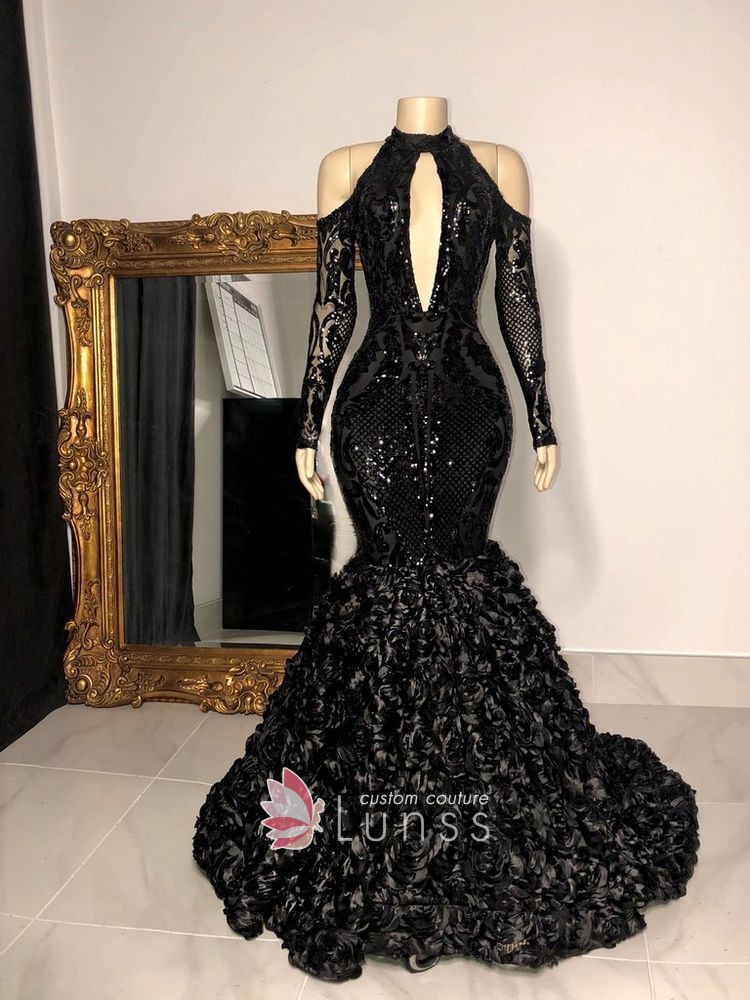 Black Geometric Sequin 3D Rosette Trumpet Prom Dress - Lunss