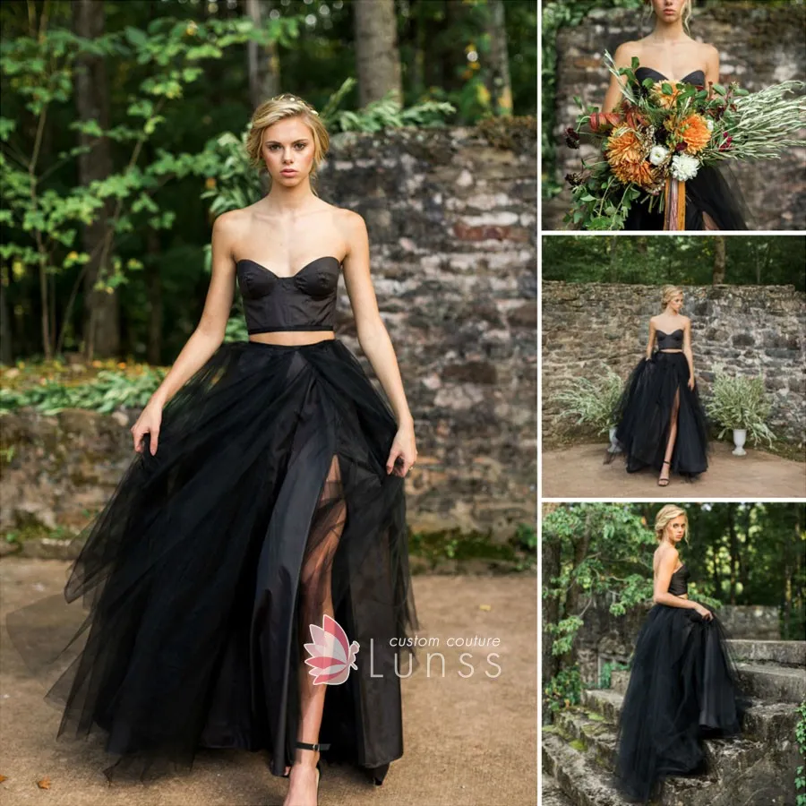 black satin and tulle two piece slit black swan destination wedding dress