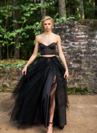 black swan satin and tulle slit destination wedding dress