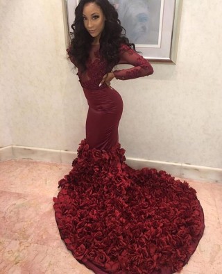 burgundy beaded lace 3d rose african american prom dress