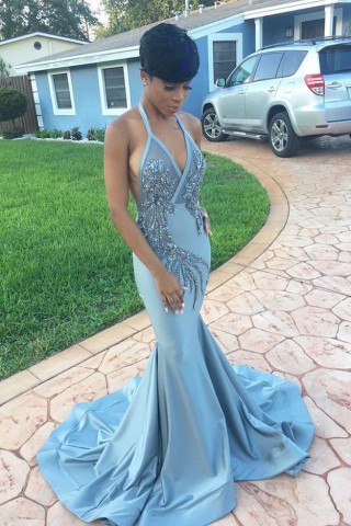 classy beading appliqued blue satin long prom dress