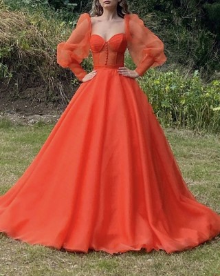 corset bodice puff sheer long sleeve orange formal dress