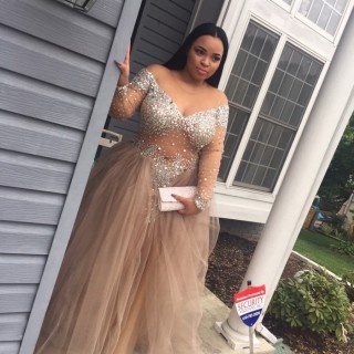 crystals beaded champagne tulle plus size prom gown