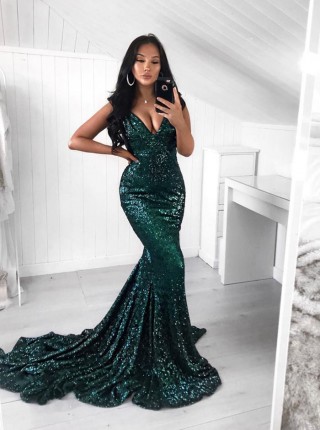 dark green sparkle sequin mermaid evening prom dress